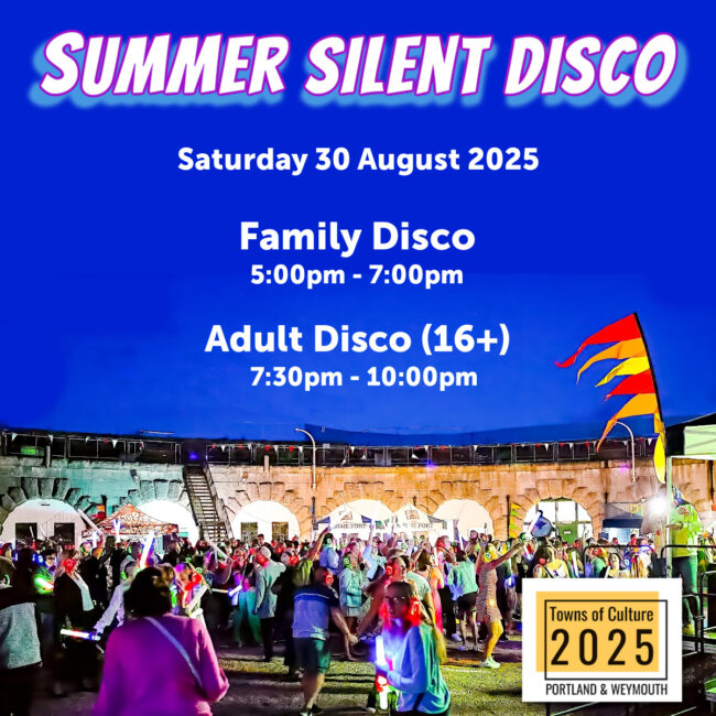 A photo of a previous silent disco at dusk in the parade ground of Nothe Fort. The stone walls are lit up with orange lights and in the centre of the image, a crowd of people are dancing and partying, waving glow sticks and wearing glowing headphones. At the top of the image, across a deep blue night sky, there is a glowy holographic looking font that reads "SUMMER SILENT DISCO Saturday 30 August