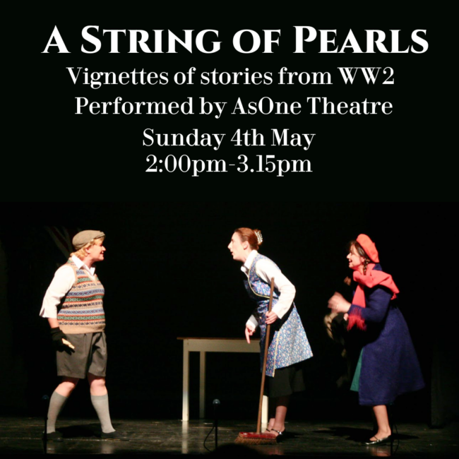 A String of Pearls Three performers in WW2 era clothing perform against a black background.