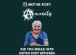 A tile sized image with a WHITE font that reads 'AMNESTY' with the A resembling the Anarchy symbol. There is a photo in the centre of an older woman in a blue top smiling with a cheeky grin. The text beneath reads: Did you break into Nothe Fort between 1956 and 1979? Tell us your story!