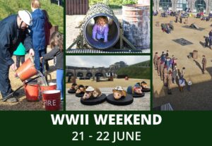 A collage of photos featuring WW2 activities including the ARP warden, assault course tunnels, the WW2 mice, and soldiers marching in the parade ground. Text reads WWII WEEKEND 21-22 JUNE
