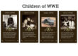 A white background with four dark rectangles in the middle. Each one shows a still of an episode of the audio drama plays and a sepia or black and white image from the play. Above these images is the text Children of WW2.