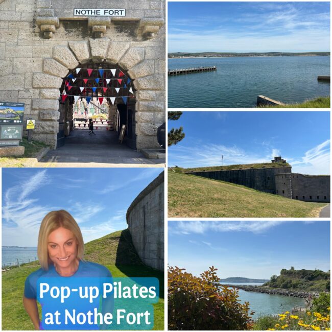 Pop up pilates A collage of photos of the Fort scenery and a yoga instructor.