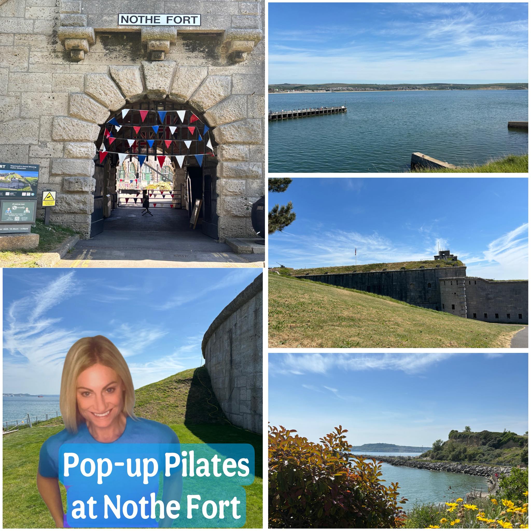 A collage of photos of the Fort scenery and a yoga instructor.