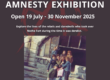 A dark black background with an image in the centre of An old photo of a group of young rebels pose together for a photo in front of a graffiti covered arched window in the Fort. The text reads AMNESTY EXHIBITION open 19 July - 30 November 2025. Explore the lives of the rebels and daredevils who took over Nothe Fort during the time it was derelict.