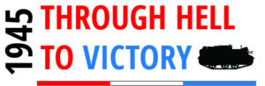 Logo for 1945 Through Hell to Victory. Blue and red text in a white background with a 1940's tank logo in silhouette. 