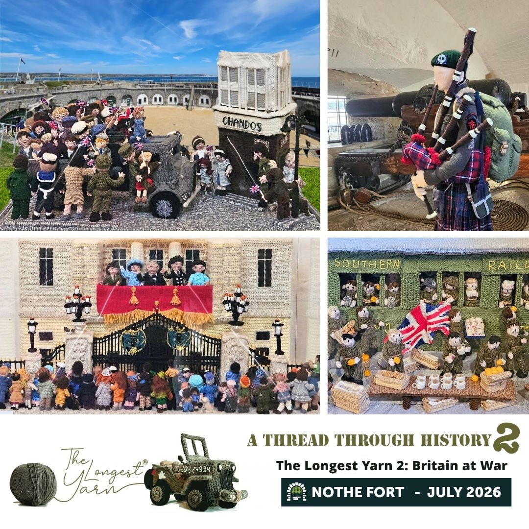 A knitted panel of people on an old 1940s car sits in front of Nothe Fort to demonstrate the exhibition is coming to the Fort. In the background, the grey stone walls of Nothe Fort and the dark archway of the main gate. Above the wall on the ramparts, a heavy artillery gun is visible.