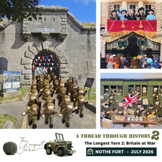 A knitted panel of five rows of WW2 soldiers sits in front of Nothe Fort to demonstrate the exhibition is coming to the Fort. In the background, the grey stone walls of Nothe Fort and the dark archway of the main gate. Above the wall on the ramparts, a heavy artillery gun is visible.