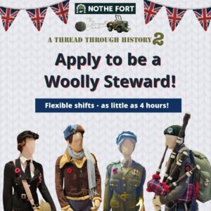 A photo showing two full sized knitted figures in military uniform with the text Apply to be a Woolly Steward! Flexible shifts as little as 4 hrs!