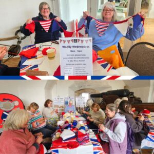 Woolly Wednesdays: A collage of two images. 1: A group of women are smiling and knitting away with red blue and white wool.