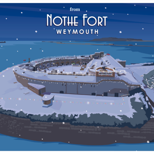 Merry Christmas An illustration of a snowy Nothe Fort from a drone view.