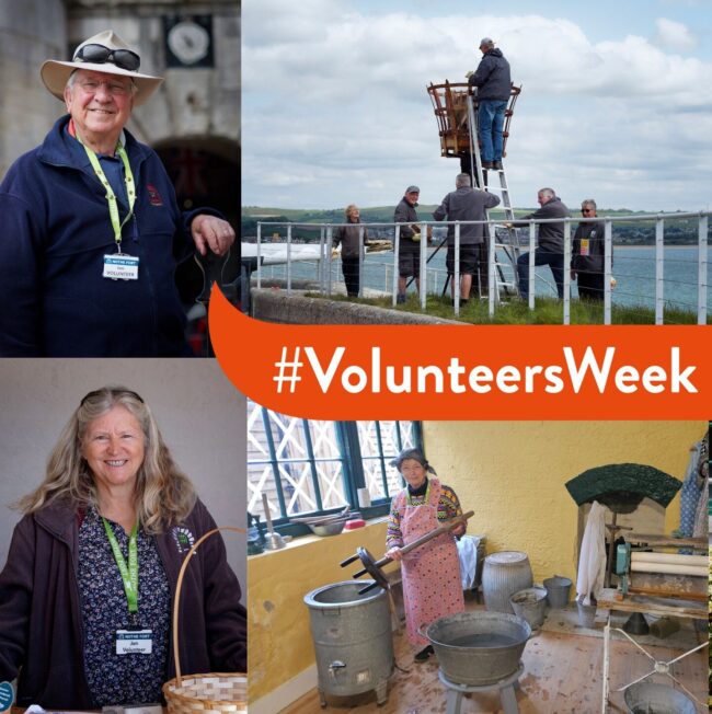 A tile graphic of different Nothe Fort volunteers smiling and taking part in duties around the Fort. In the centre is an orange banner with white text that reads '#VolunteersWeek'