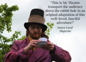 A review of the play with an image of the Mad Hatter Character holding a cup and saucer. 