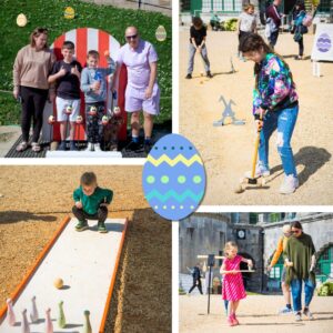 A collage of easter funfair activities including bowling, egg and spoon race, easter egg hunts and games.