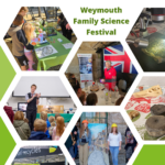 A square tile image with a background. The image has seven hexagon images of science activities surrounded by a green border in an atom-like structure. The images include children watching a water based experiment. The text reads Weymouth Festival.