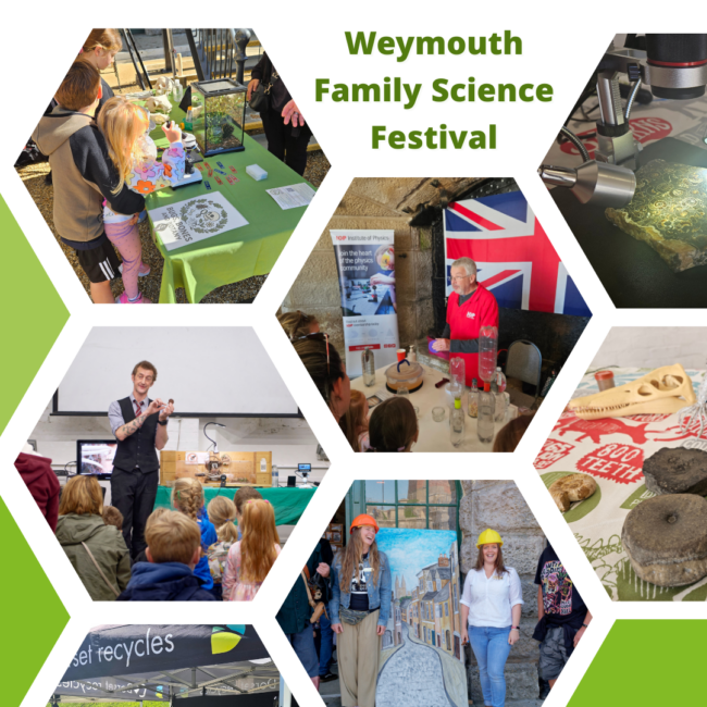 A square tile image with a background. The image has seven hexagon images of science activities surrounded by a green border in an atom-like structure. The images include children watching a water based experiment. The text reads Weymouth Festival.