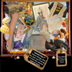 A square image showing a diverse collection of objects including a plastic mannequin leg, a pair of old shoes, a cap, a piece of purple pottery, a doll.