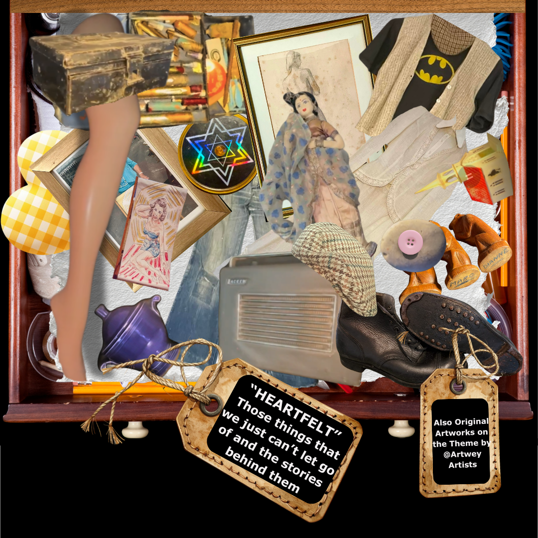 A square image showing a diverse collection of objects including a plastic mannequin leg, a pair of old shoes, a cap, a piece of purple pottery, a doll.