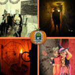 A four tile image featuring previous photos of Fort halloween, magical wand making, ghost tours in the tunnels, a spooky candle and spiderweb, and two children dressed in halloween costumes.