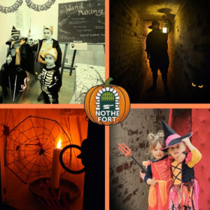 A four tile image featuring previous photos of Fort halloween, magical wand making, ghost tours in the tunnels, a spooky candle and spiderweb, and two children dressed in halloween costumes.