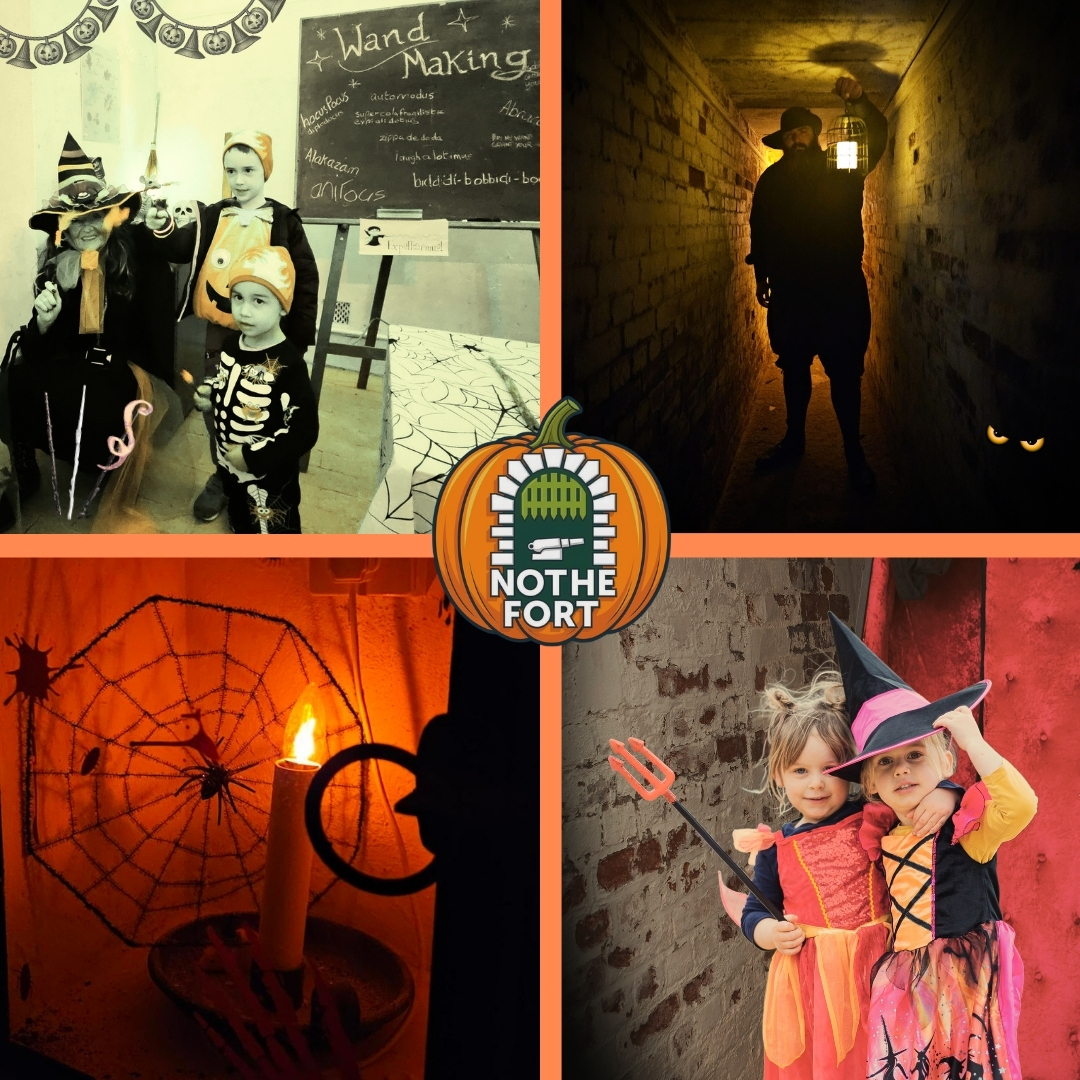 A four tile image featuring previous photos of Fort halloween, magical wand making, ghost tours in the tunnels, a spooky candle and spiderweb, and two children dressed in halloween costumes.