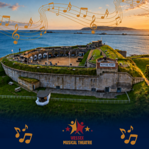 A drone photo of the Nothe Fort showing sea and sky beyond. Includes golden musical notes as decorations and the Wessex Musical Theatre Logo