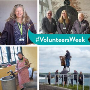 A tile graphic of different Nothe Fort volunteers smiling and taking part in duties around the Fort. In the centre is a teal banner with white text that reads '#VolunteersWeek'