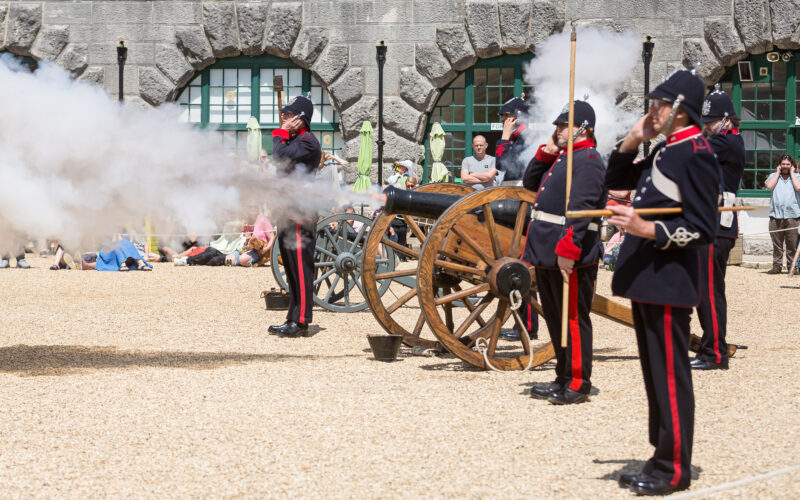 A photo of the Nothe Fort Victorian Artillery Garrison demonstrating a live canon firing in the Fort.