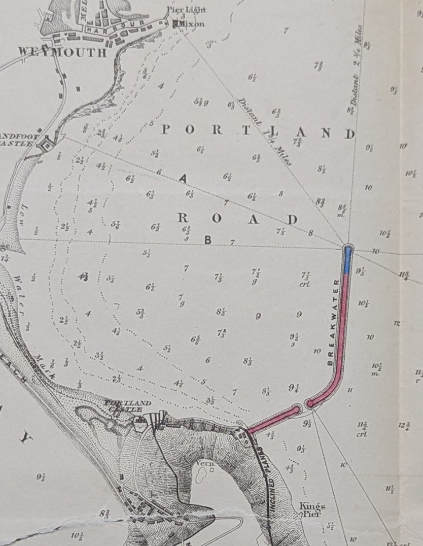 An old black and white hand drawn map of Weymouth Wyke and Portland road with the breakwater barrier marked in red.