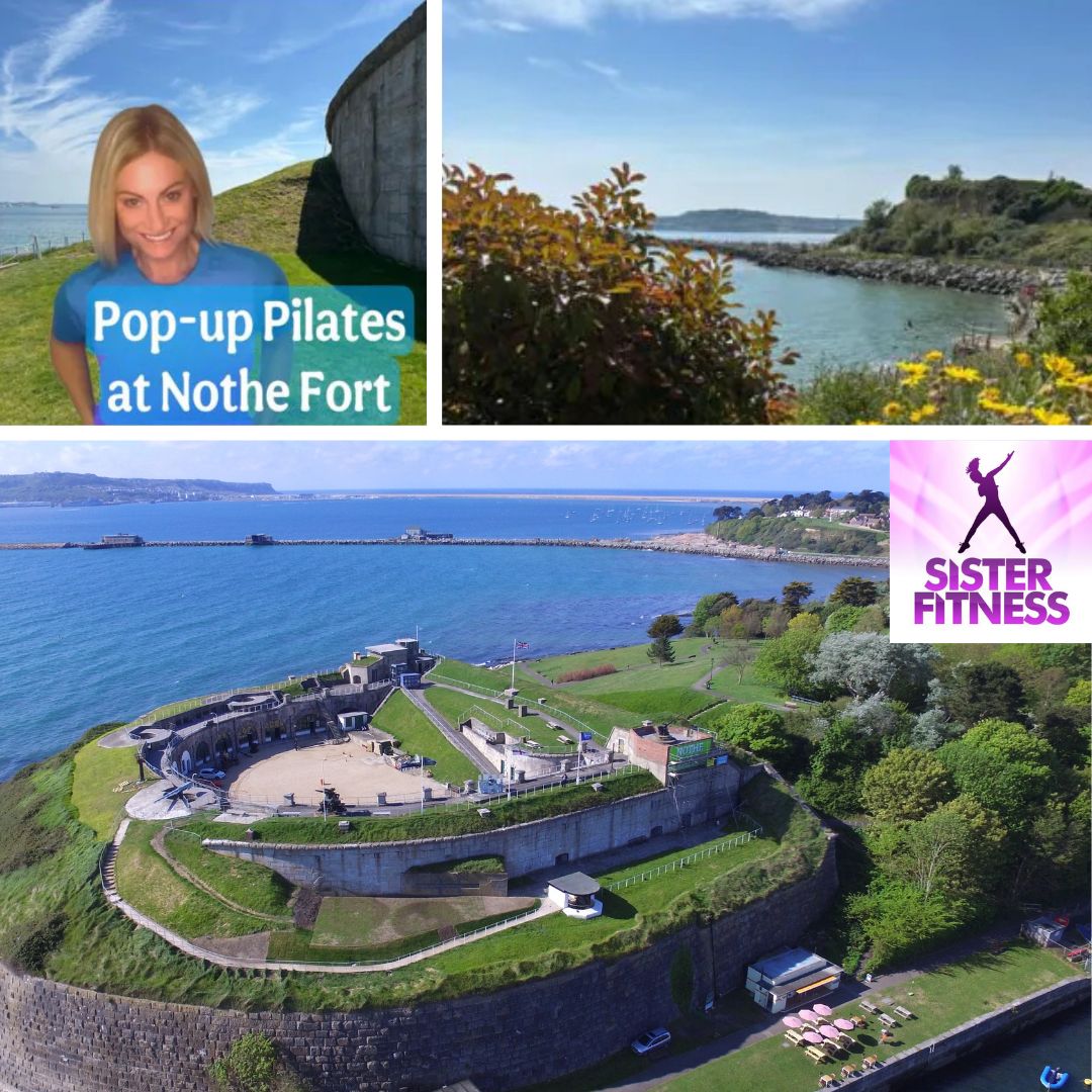 A collage of photos of the Fort scenery and a yoga instructor.