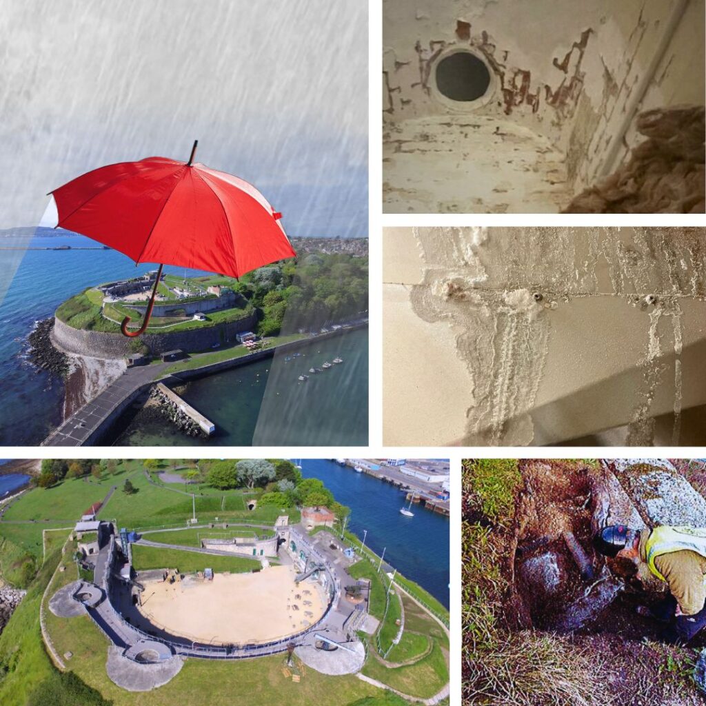 A collage showing aerial views of Nothe Fort, water damage inside the fort’s interior walls, a volunteer working in the ground outside, and a red umbrella floating above the fort as a symbol of protection from rain.