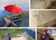 A collage showing aerial views of Nothe Fort, water damage inside the fort’s interior walls, a volunteer working in the ground outside, and a red umbrella floating above the fort as a symbol of protection from rain.
