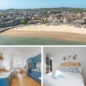 A collage of photos with one landscape drone photo of Weymouth's busy beach on a sunny day. An two square photos of a very bright and airy looking hotel accommodation.