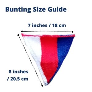 Example of bunting triangle showing measurements 8 inches / 20.5cm in length and width at widest edge 7 inches / 18 cm