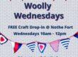 Square promotional graphic for “Woolly Wednesdays” at Nothe Fort. The background resembles knitted fabric with red, white, and blue wool bunting across the top and bottom. Text reads: “Woolly Wednesdays. FREE Craft Drop‑in @ Nothe Fort. Wednesdays 10am–12pm. Help create woolly bunting for The Longest Yarn!” A small Nothe Fort logo appears at the top, with illustrated balls of wool and knitting needles in the bottom corners.