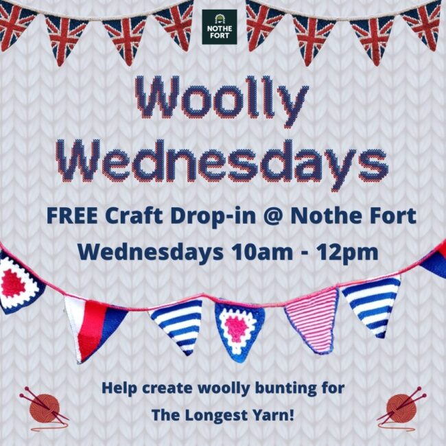 Woolly Wednesdays v3 Square promotional graphic for “Woolly Wednesdays” at Nothe Fort. The background resembles knitted fabric with red, white, and blue wool bunting across the top and bottom. Text reads: “Woolly Wednesdays. FREE Craft Drop‑in @ Nothe Fort. Wednesdays 10am–12pm. Help create woolly bunting for The Longest Yarn!” A small Nothe Fort logo appears at the top, with illustrated balls of wool and knitting needles in the bottom corners.