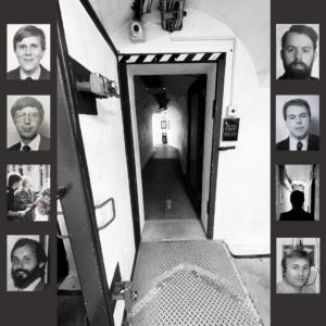 Black and white photos of the Nuclear bunker door and 8 headshots of people involved in the project. Hidden in Plain Sight: Lives Shaped by the Cold War