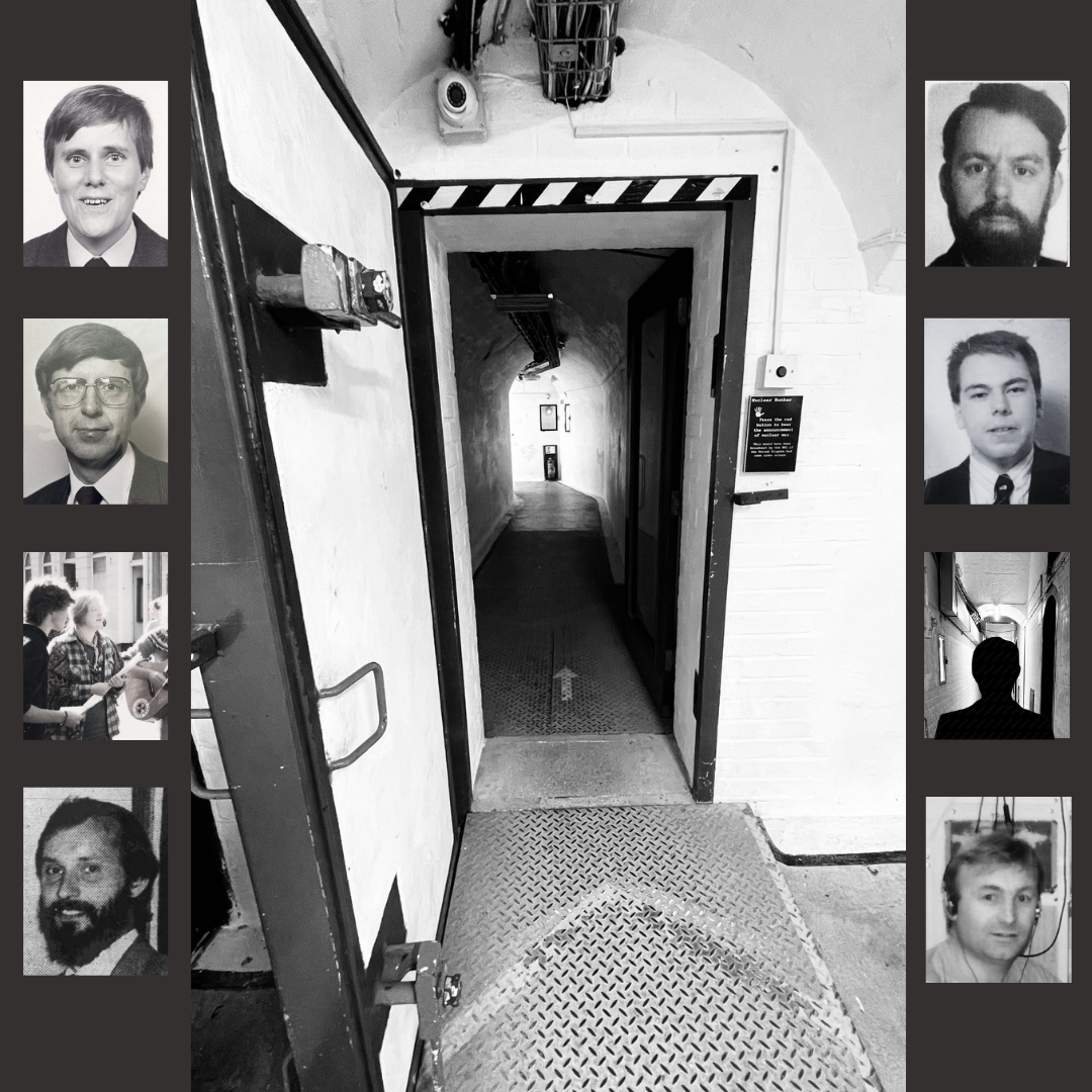 Black and white photos of the Nuclear bunker door and 8 headshots of people involved in the project. Hidden in Plain Sight: Lives Shaped by the Cold War