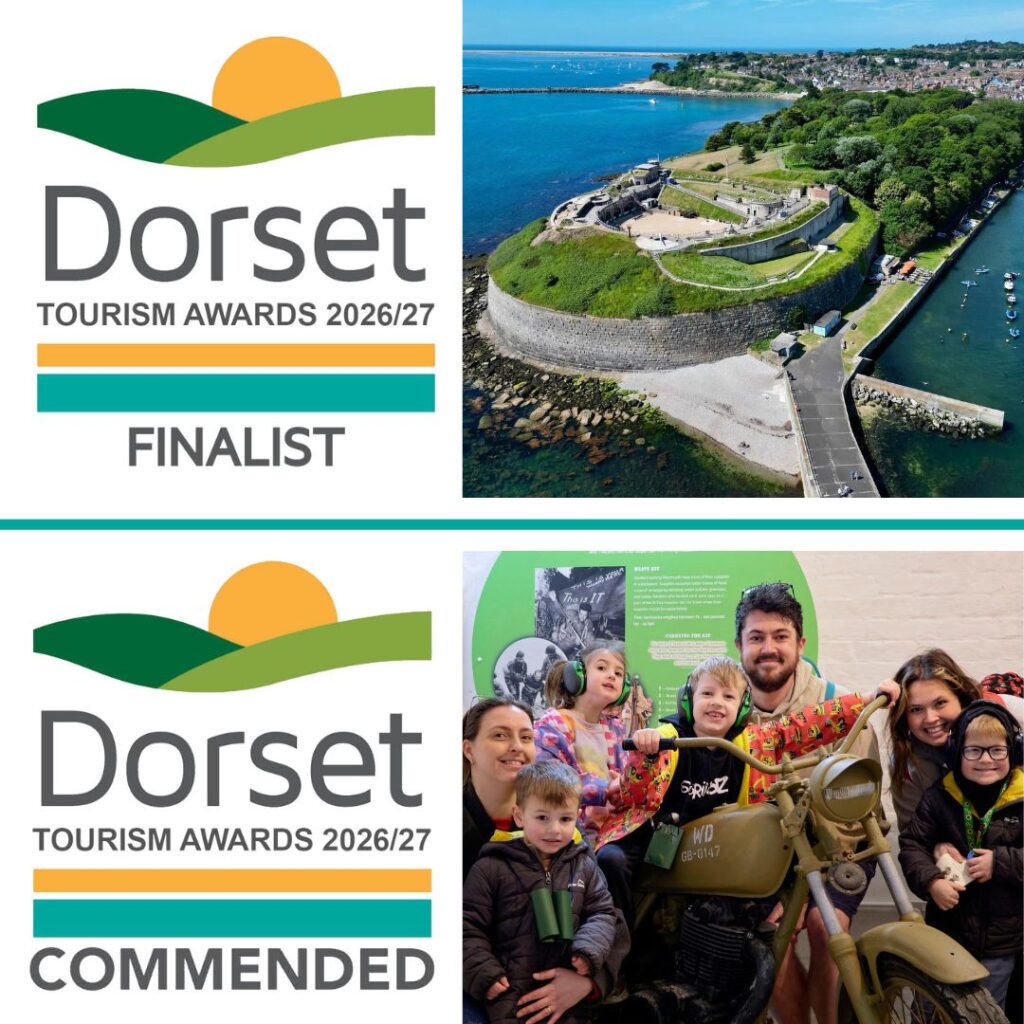 A photo showing the two awards buttons for Dorset Tourism Awards Finalist and Commended. Also included is two photos, one of a drone photo of the Fort on a sunny day and one of a family with four children posing on our WW2 motorbike. Two of the children are wearing ear defenders.
