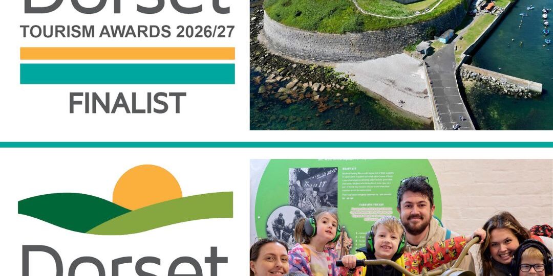Dorset Tourism Awards (1) A photo showing the two awards buttons for Dorset Tourism Awards Finalist and Commended. Also included is two photos, one of a drone photo of the Fort on a sunny day and one of a family with four children posing on our WW2 motorbike. Two of the children are wearing ear defenders.