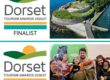 A photo showing the two awards buttons for Dorset Tourism Awards Finalist and Commended. Also included is two photos, one of a drone photo of the Fort on a sunny day and one of a family with four children posing on our WW2 motorbike. Two of the children are wearing ear defenders.