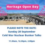 a photo of the nothe fort parade ground with Heritage Open day white text in a pink bubble. Blue text underneath reads PLEASE NOTE THE DATE: Sunday 20 September Cold War Nuclear Bunker Talks 11.30am, 12.30pm, 2.00pm