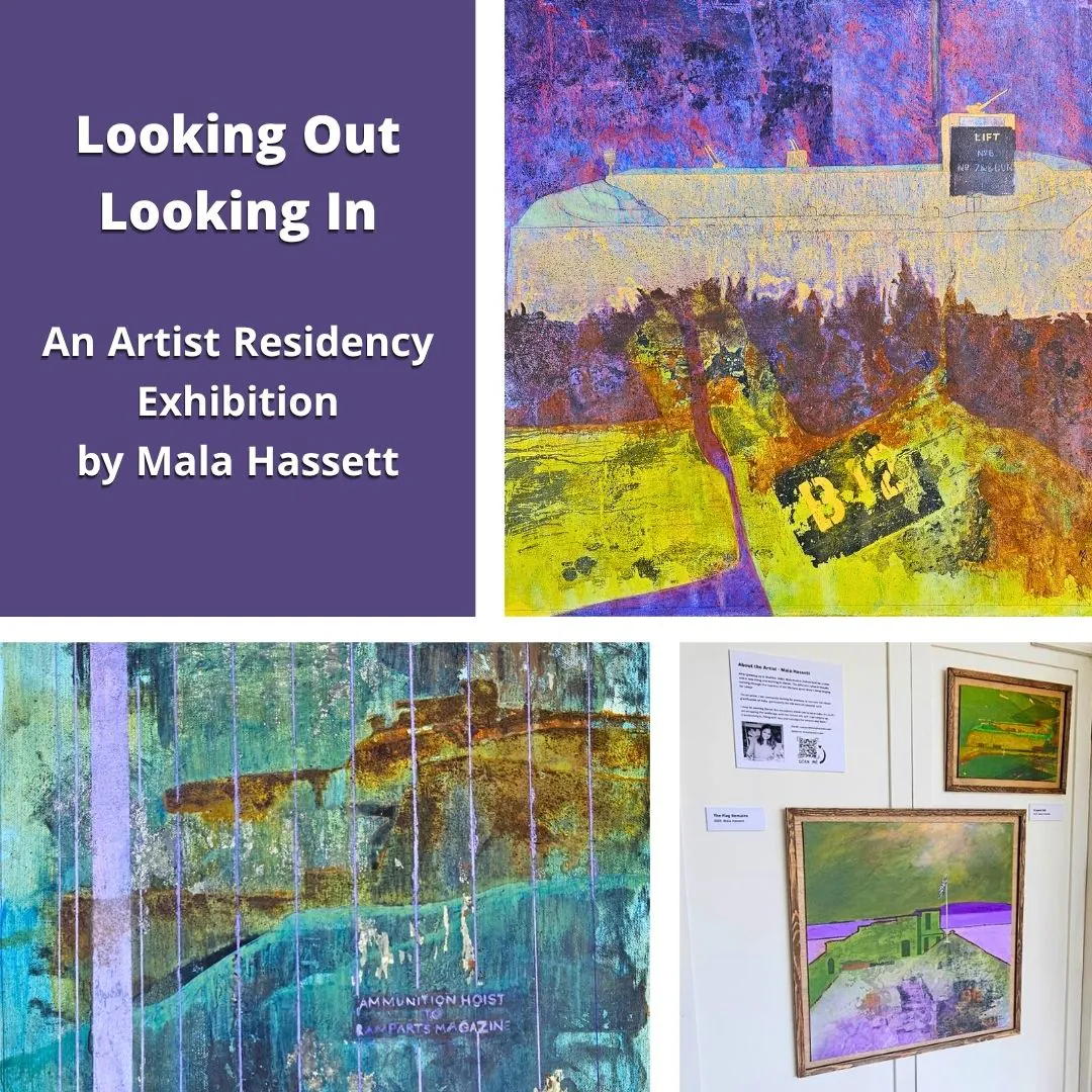 A collage of colorful paintings of Nothe Fort with vibrant purple and teal skies. Text reads Looking Out Looking In - An Artist Residency Exhibition by Mala Hassett 15 June - 19 August.